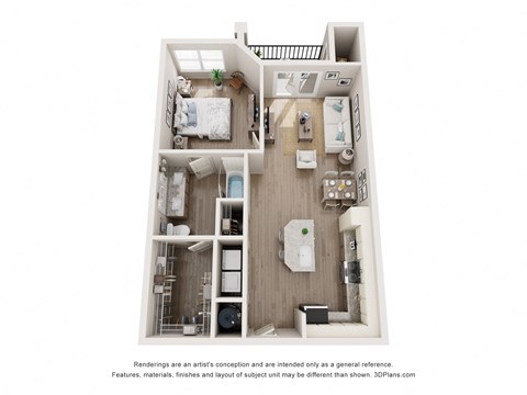 Floor plan for 1 bed, 1 bath, 722 sqft